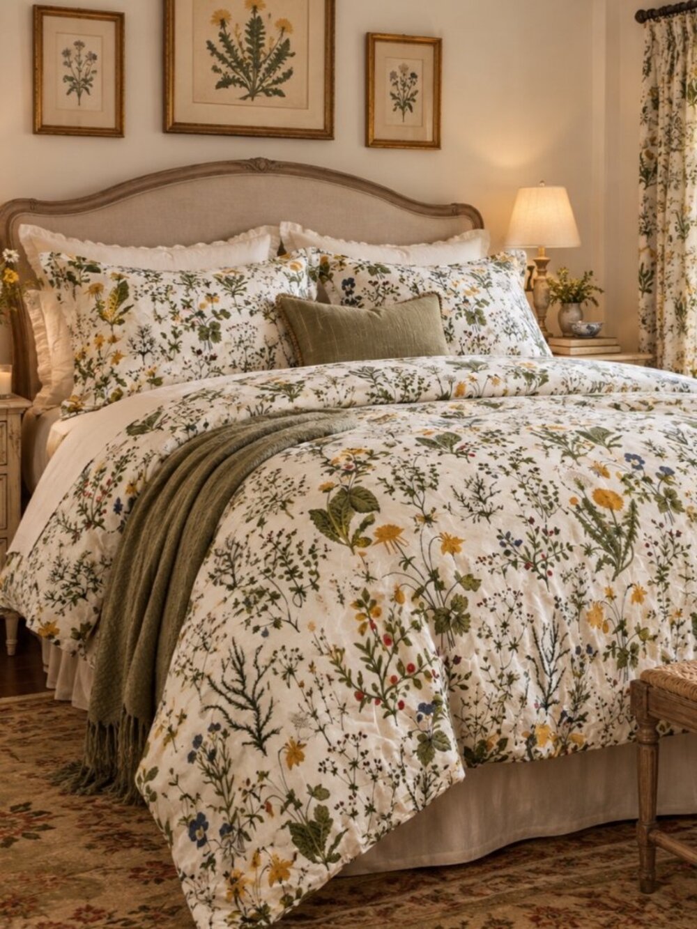 Botanical Floral Print Cotton Duvet Cover and pillow shams set Full Size Cottage
